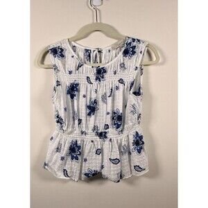 LOFT Womens White/Blue Floral Woven Round Neck Ruffle Peplum Blouse - M